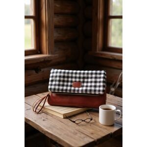 Funky Monkey Clutch Purse "Fold-Over" Black Check Leather
